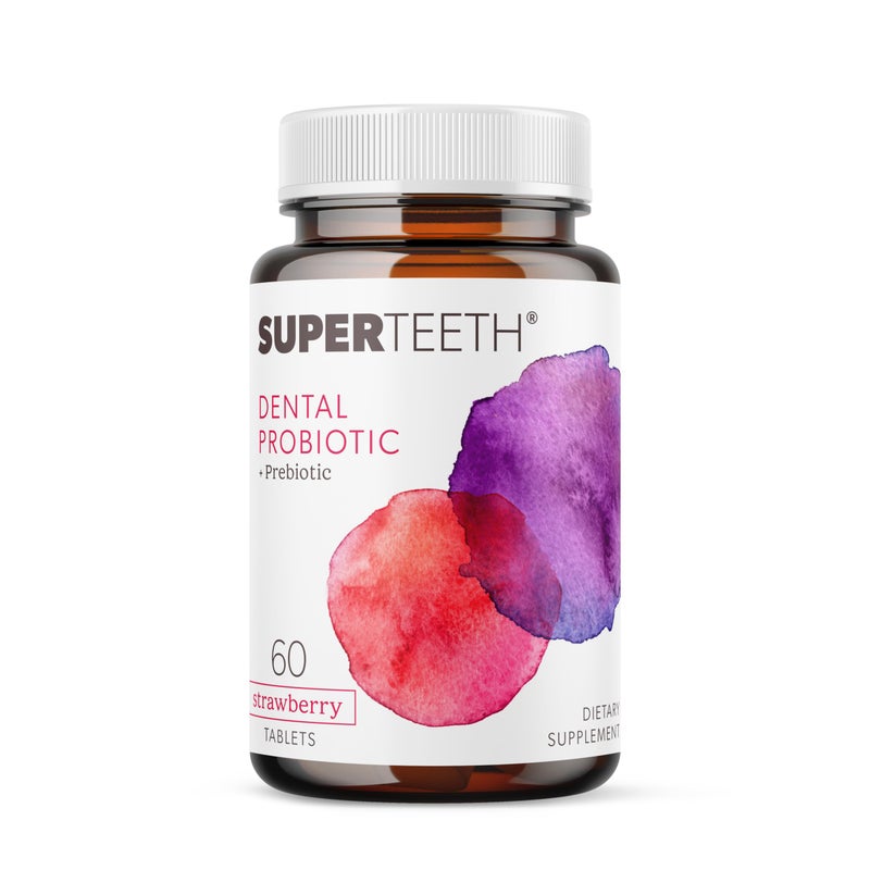 SuperTeeth Chewable Dental Probiotic for Kids Adults Supports Healthy Teeth Gums Oral Health Fights Bad Breath BLIS M18 60 Strawberry Flavored Tablets Fluoride Sugar Free Vegan